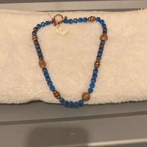 Handmade Blue and Gold Copper and Glass 18” Beaded Toggle Clasp Necklace